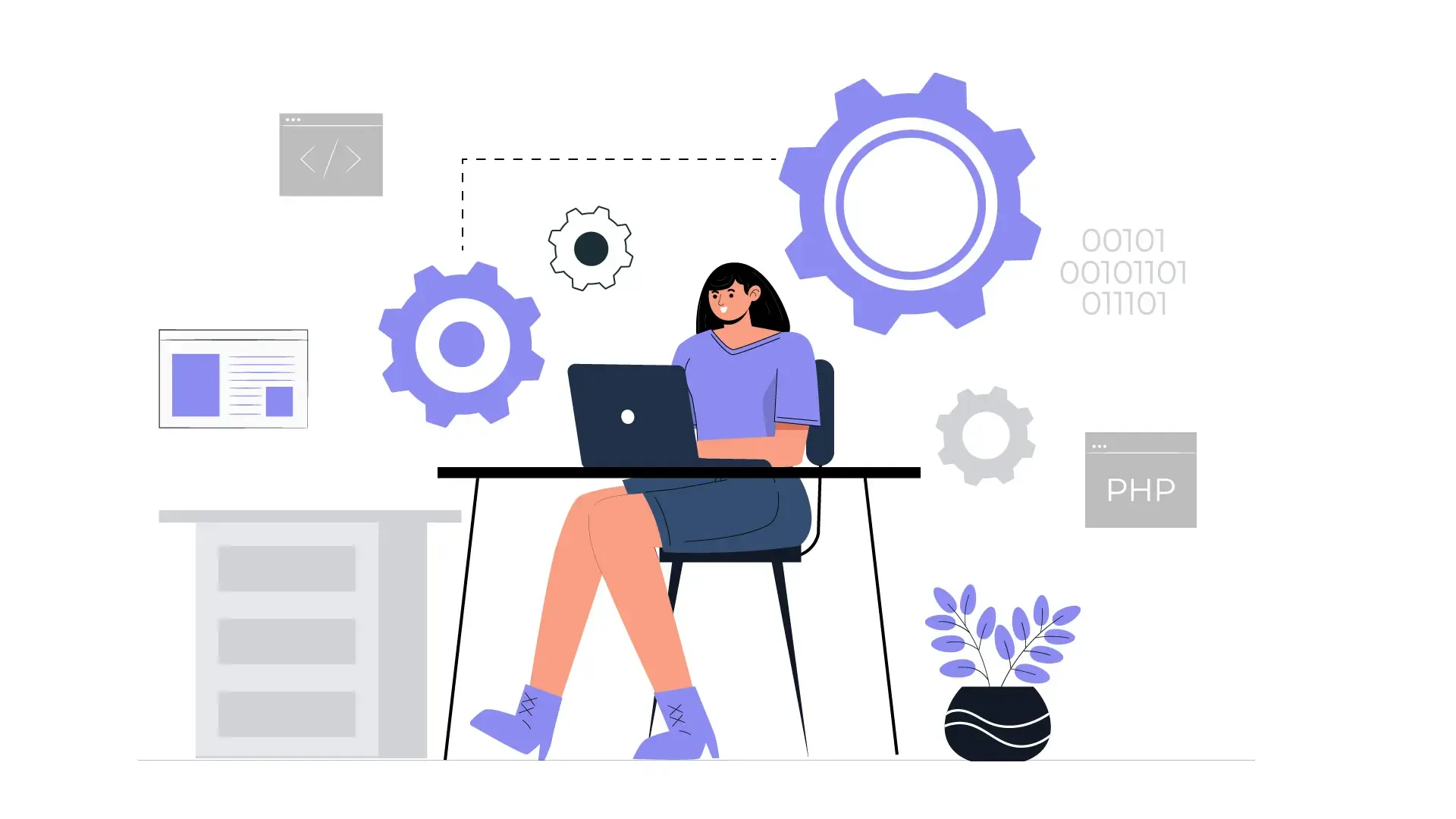 Flat 2D Illustration of a Female Developer Working on Code